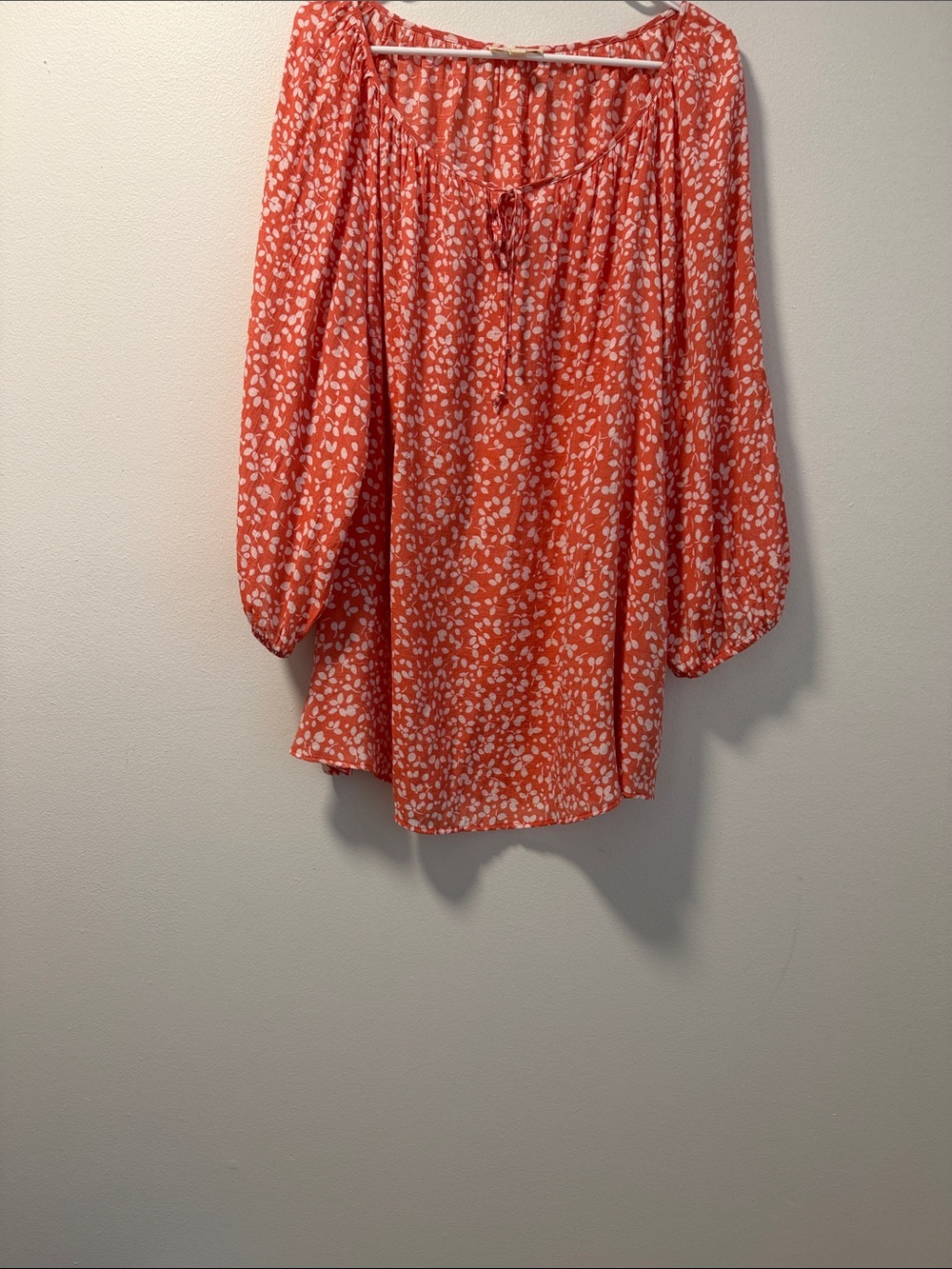 Coral Printed Peasant Tunic with Tie Neck